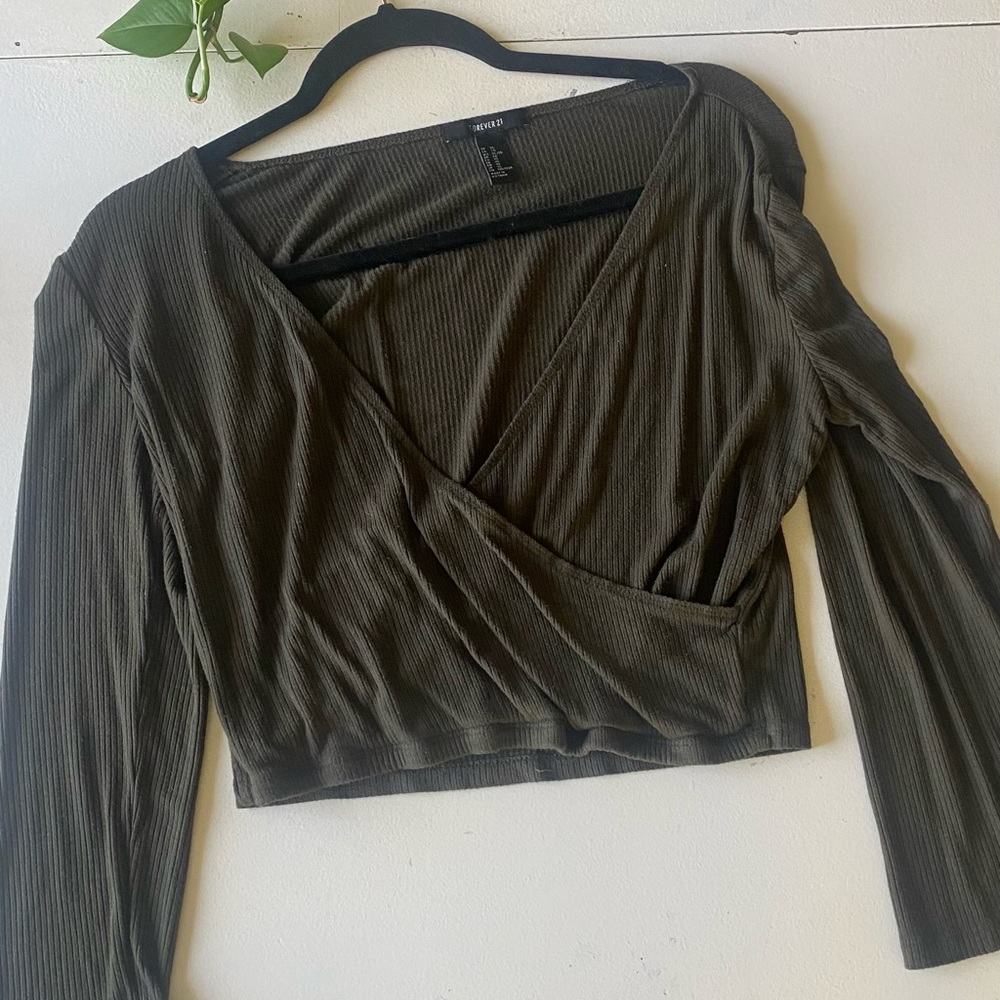 Forever 21 dark green long sleeve V cut out shirt.